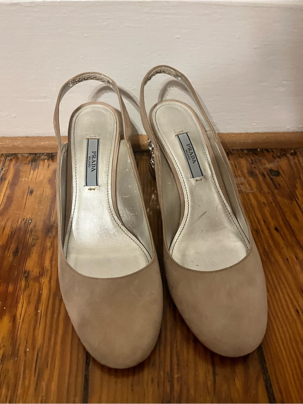 Prada Nude Taupe Suede Slingback Mules